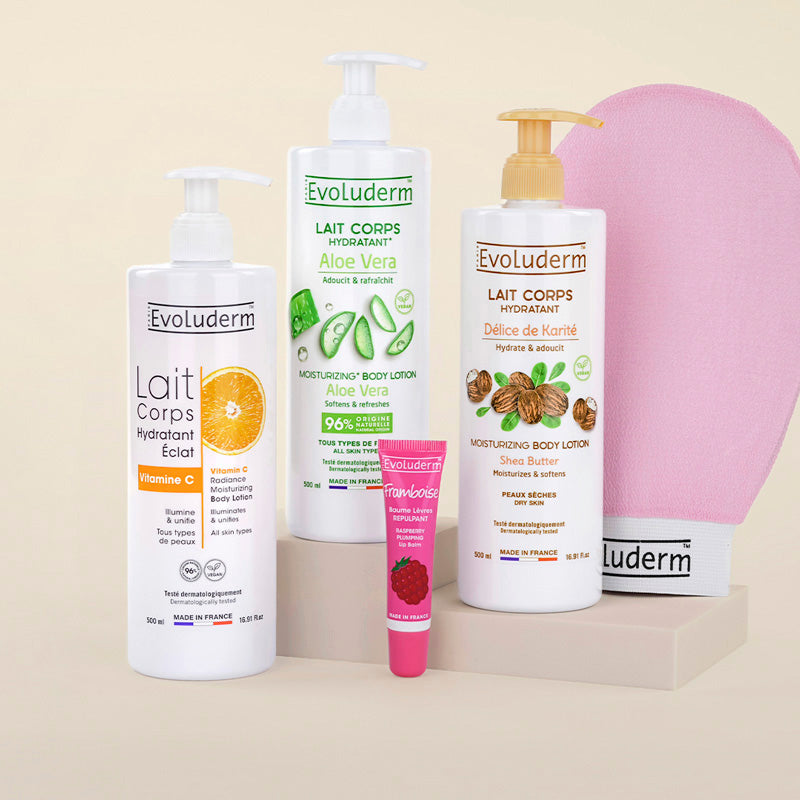 Offre Découverte : 3 Laits Corps + Baume à Lèvres + Gant Exfoliant Offert