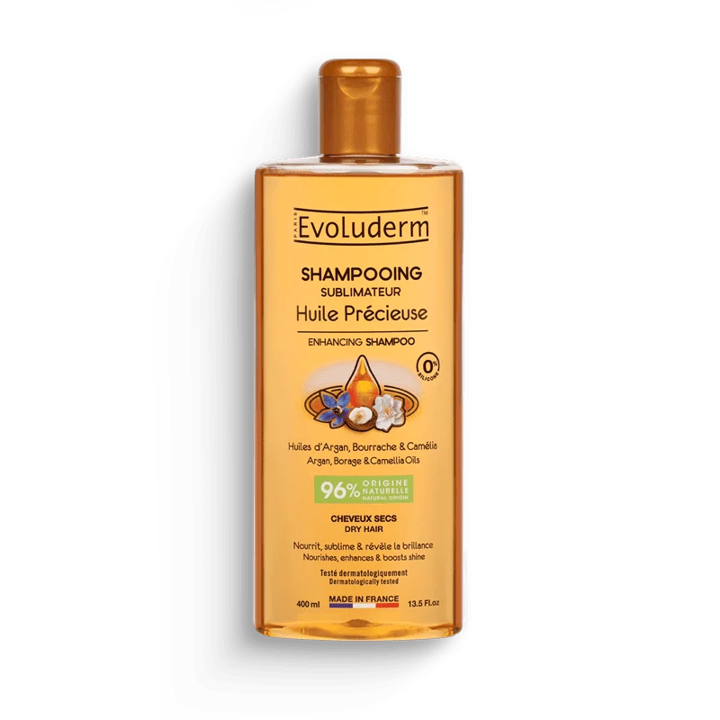 Shampoing Sublimateur Huile Précieuse EVOLUDERM - 400 Ml - Pour Cheveux Secs & Abîmés - Fabriqué En France