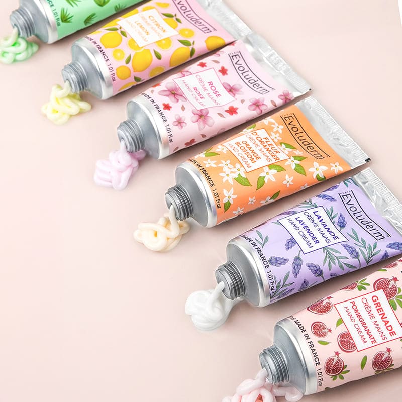 Coffret de crèmes mains Evoluderm, comprenant 5 fragrances.