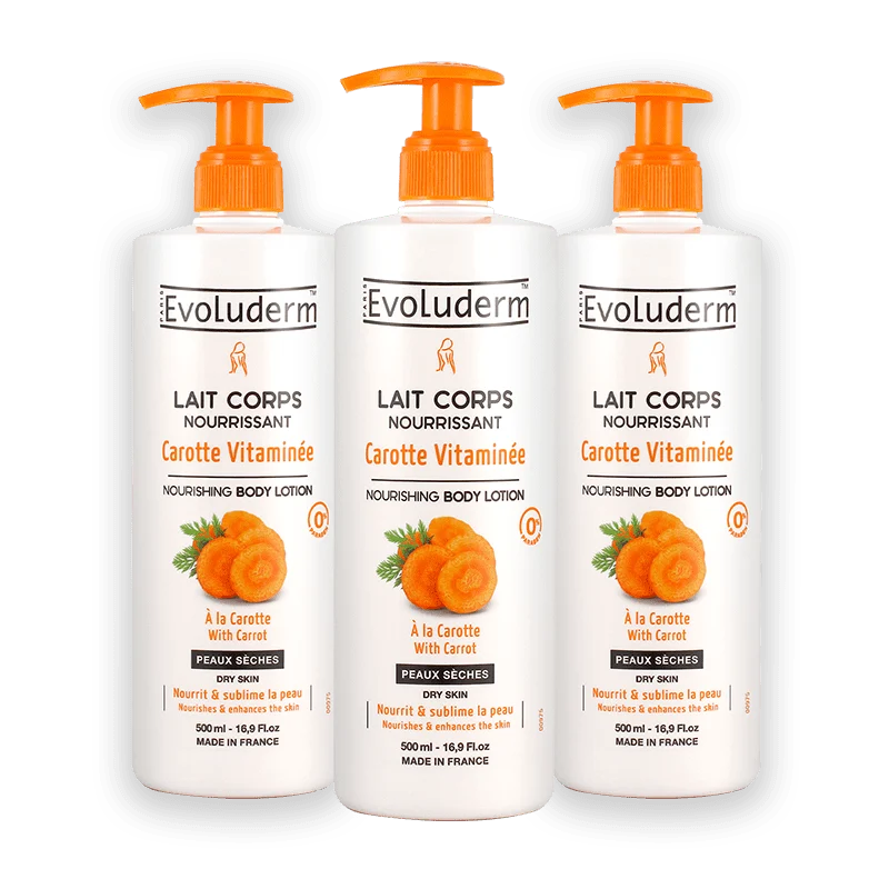 Duo Corps Bonne Mine Evoluderm : Lait Hydratant & Huile Vitaminée à La Carotte - 500ml + 100ml - Éclat Et Hydratation