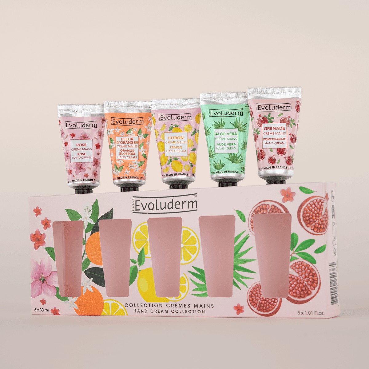 Coffret de crèmes mains Evoluderm, comprenant 5 fragrances.