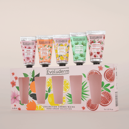 Coffret de crèmes mains Evoluderm, comprenant 5 fragrances.