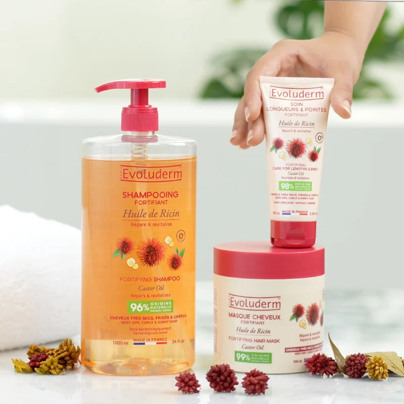 Routine Cheveux à l’Huile de Ricin – 3 Produits pour Cheveux Frisés, Secs ou Crépus + Brosse à Cheveux Offerte