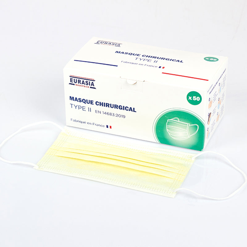 Box of 50 Type II Disposable Surgical Masks - 3 ply - Made in France - AFNOR Compliant - Light Yellow
