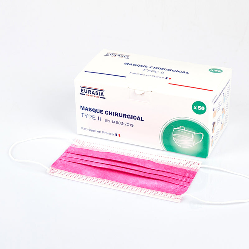 Box of 50 Type II Disposable Surgical Masks - 3 ply - Made in France - AFNOR Compliant - Fuschia Pink