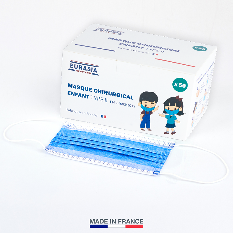 Box of 50 Children's Surgical Masks - Disposable - 3 ply - Made in France - AFNOR compliant - Jean Blue