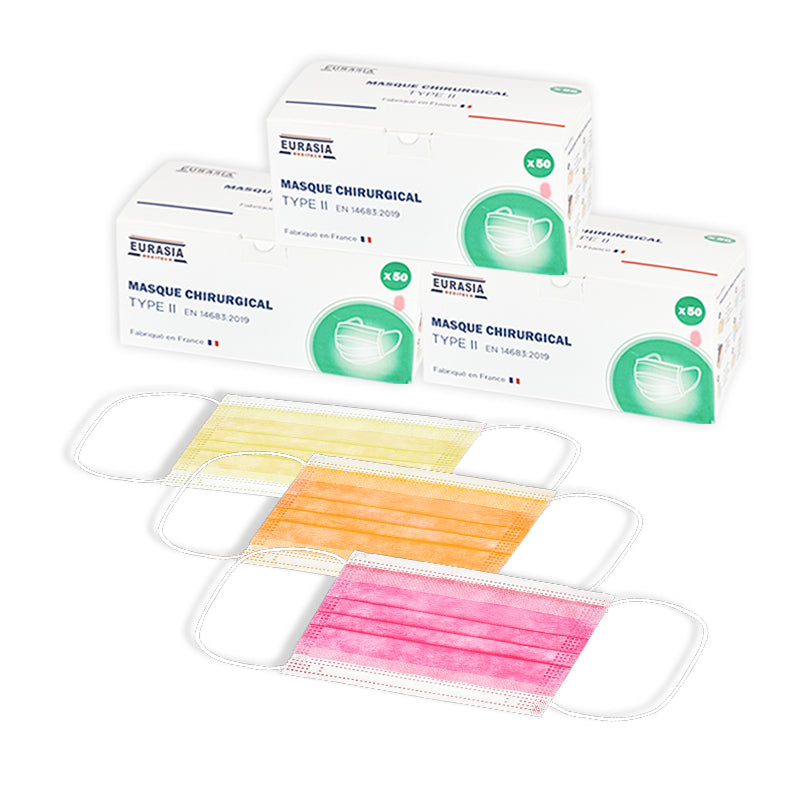 Lot of 3 boxes of 50 Type II Disposable Surgical Masks - Made in France "Yellow, Orange and Fuchsia Pink"