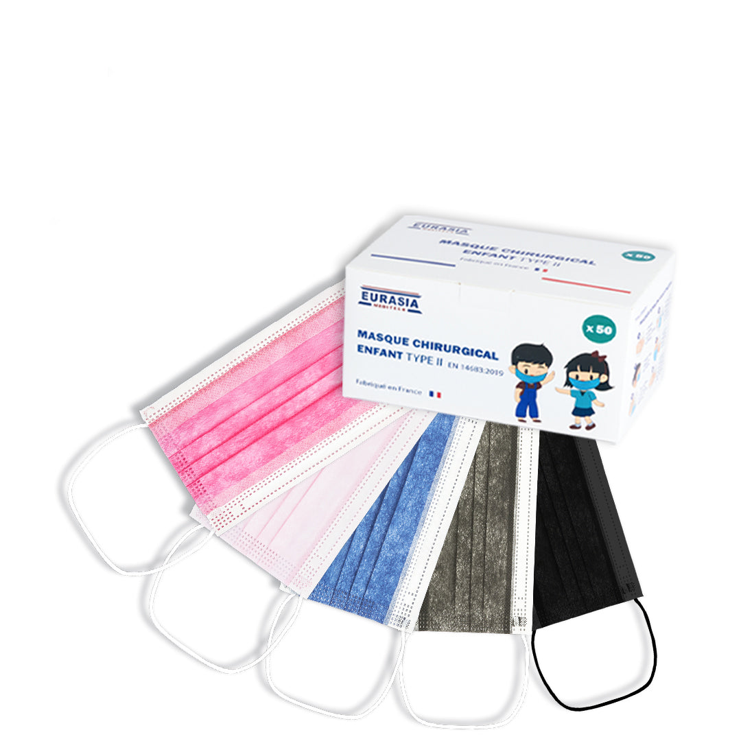 Boîte de 50 Masques Chirurgicaux Enfants - Jetables - 3 plis - Fabriqué en France - Conforme AFNOR - Bleu