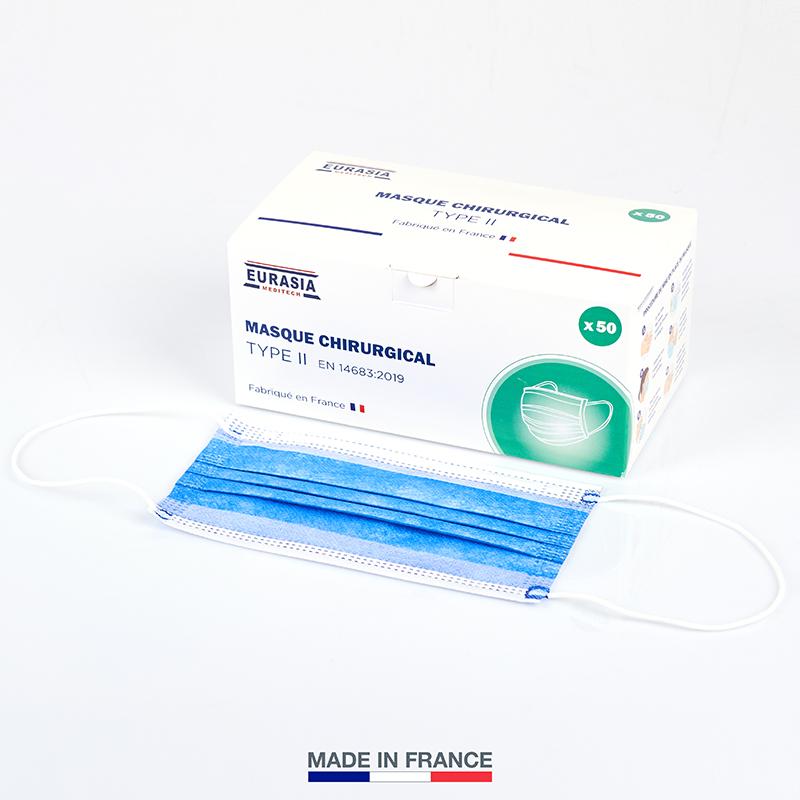 Masque De Protection - Boîte De 50 Masques Chirurgicaux Jetables Type II - 3 Plis - Fabriqué En France - Conforme AFNOR - Bleu