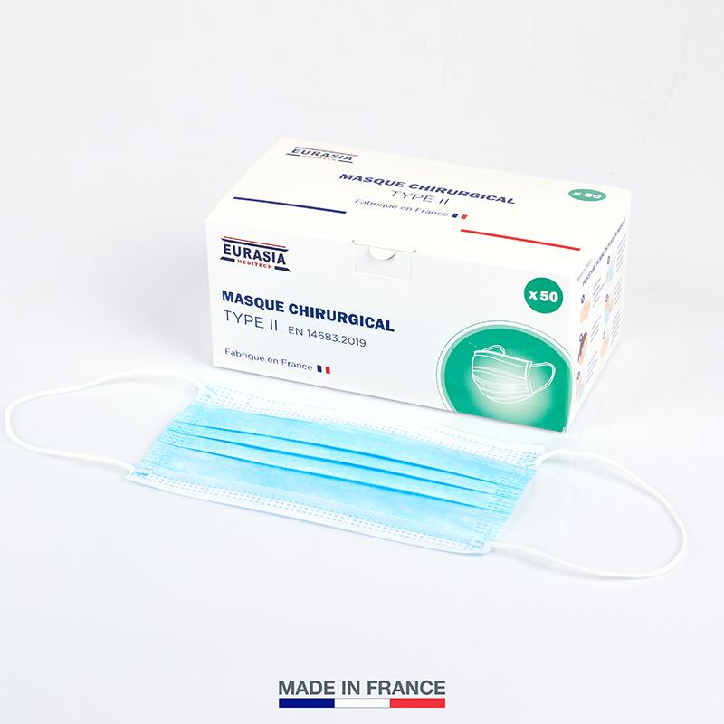 Masque De Protection - Boîte De 50 Masques Chirurgicaux Jetables Type II - 3 Plis - Fabriqué En France - Conforme AFNOR - Bleu Ciel