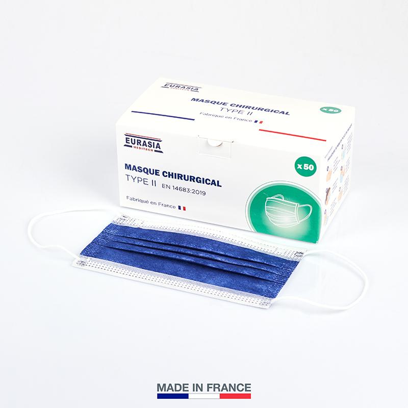 Masque De Protection - Boîte De 50 Masques Chirurgicaux Jetables Type II - 3 Plis - Fabriqué En France - Conforme AFNOR - Bleu Indigo