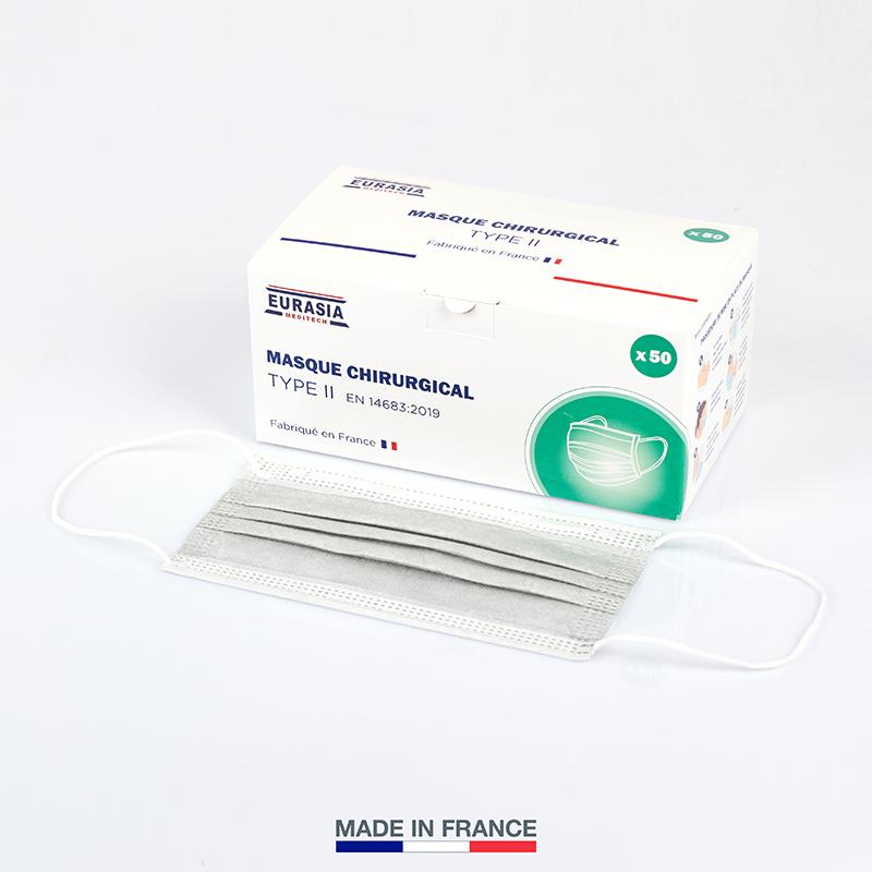 Masque De Protection - Boîte De 50 Masques Chirurgicaux Jetables Type II - 3 Plis - Fabriqué En France - Conforme AFNOR - Gris Clair