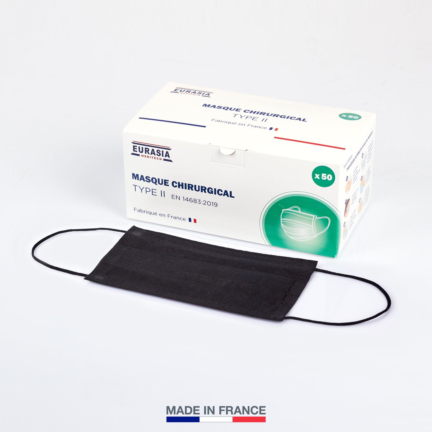 Masque De Protection - Boîte De 50 Masques Chirurgicaux Jetables Type II - 3 Plis - Fabriqué En France - Conforme AFNOR - Noir
