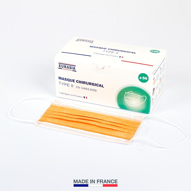 Masque De Protection - Boîte De 50 Masques Chirurgicaux Jetables Type II - 3 Plis - Fabriqué En France - Conforme AFNOR - Orange