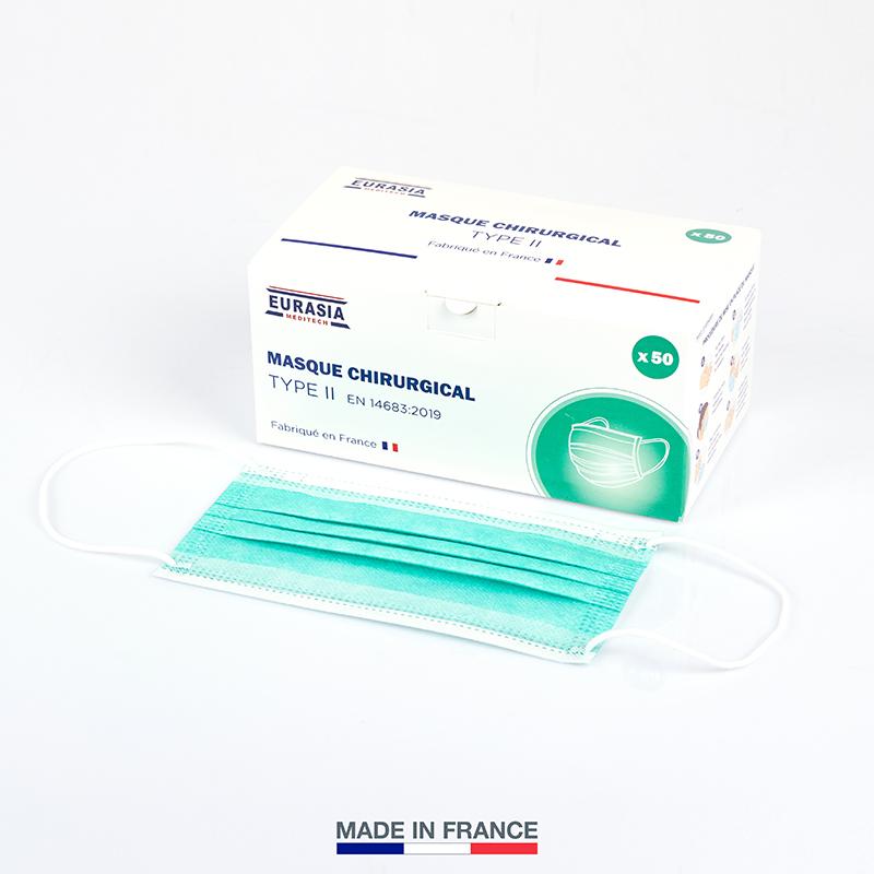 Masque De Protection - Boîte De 50 Masques Chirurgicaux Jetables Type II - 3 Plis - Fabriqué En France - Conforme AFNOR - Vert